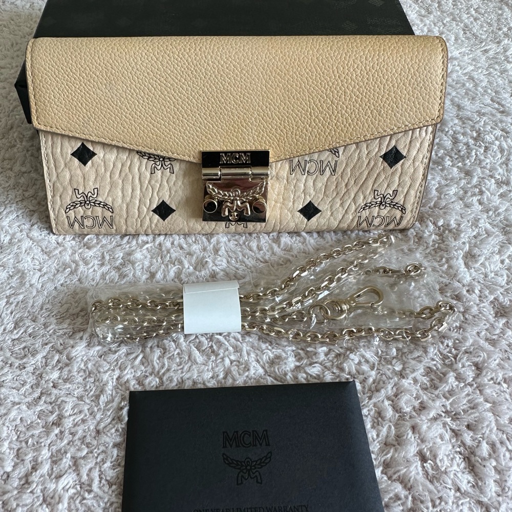 MCM tan wallet with Chain. Gold hardware.